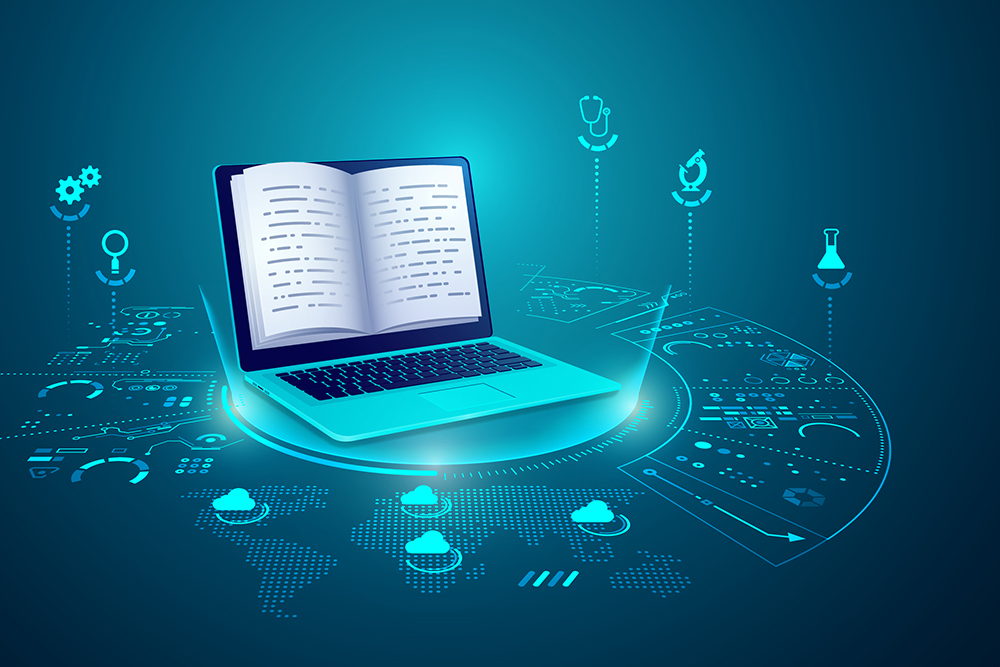 a book coming from a laptop
