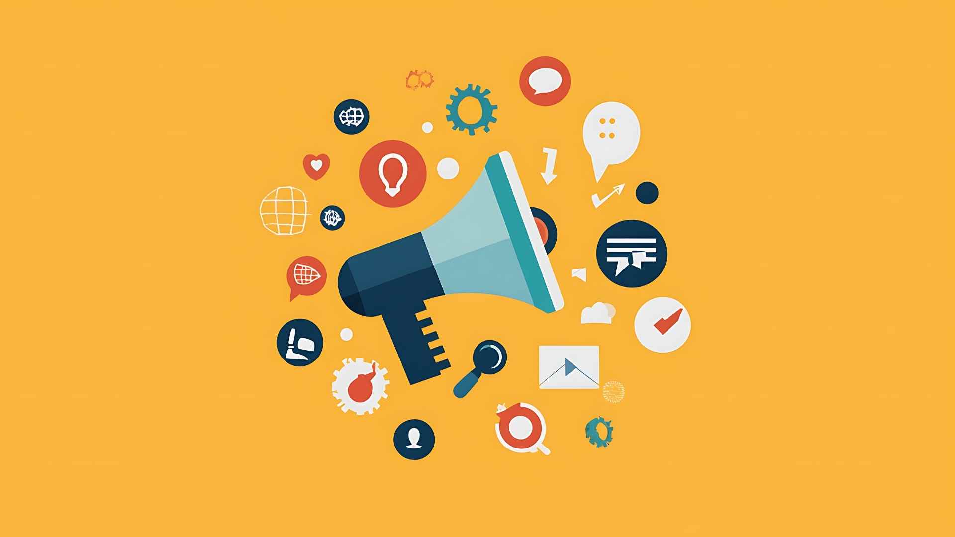llustration of a megaphone surrounded by various digital icons such as gears, chat bubbles, email, and social media symbols on an orange background
