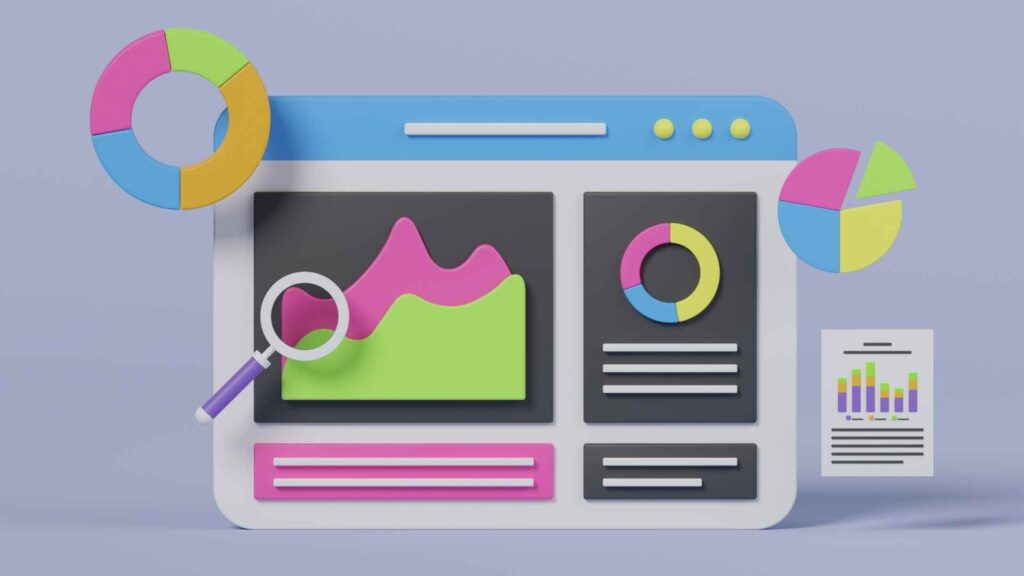 3D illustration of a colorful analytics dashboard with pie charts, graphs, and a magnifying glass