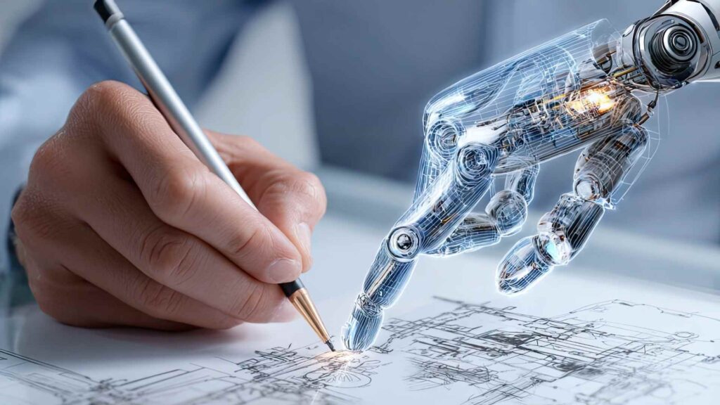A human hand and a robotic hand collaboratively drawing technical blueprints on paper