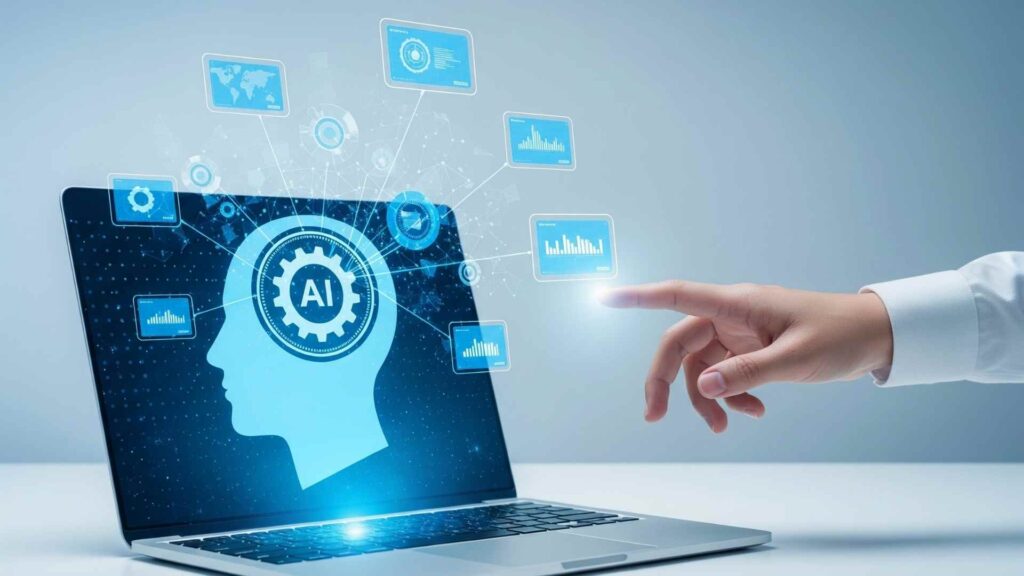 A person’s hand interacts with a laptop displaying a digital interface featuring an AI icon inside a human head silhouette, surrounded by data charts and analytics visuals