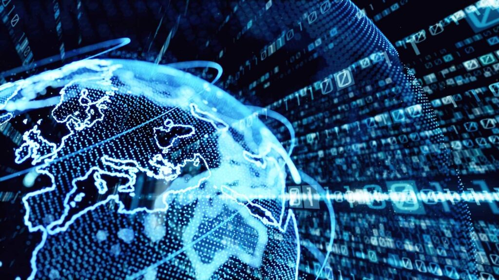 A digital rendering of Earth surrounded by streams of binary code