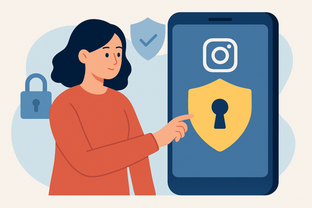 Flat-style illustration of a woman securing her Instagram account on a smartphone, symbolizing user privacy, online security, and social media protection