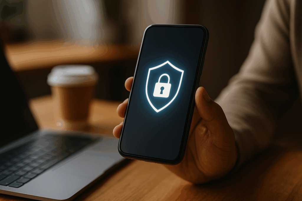 A person holding a smartphone displaying a glowing padlock shield icon, symbolizing secure mobile connection and VPN protection, with a laptop and coffee cup in the background.