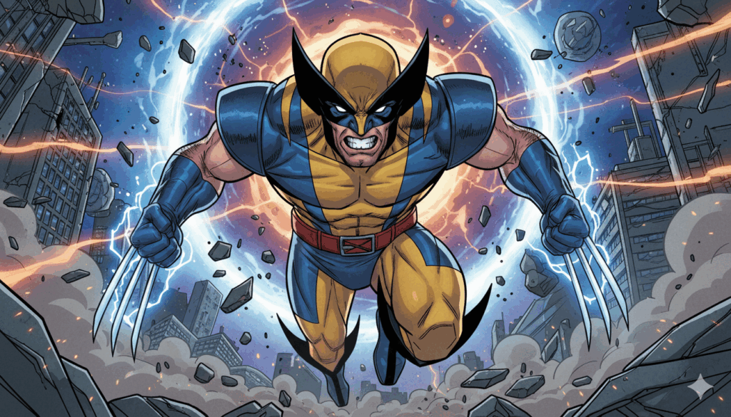 Comic-style illustration of Wolverine charging forward with claws extended amid a city backdrop.