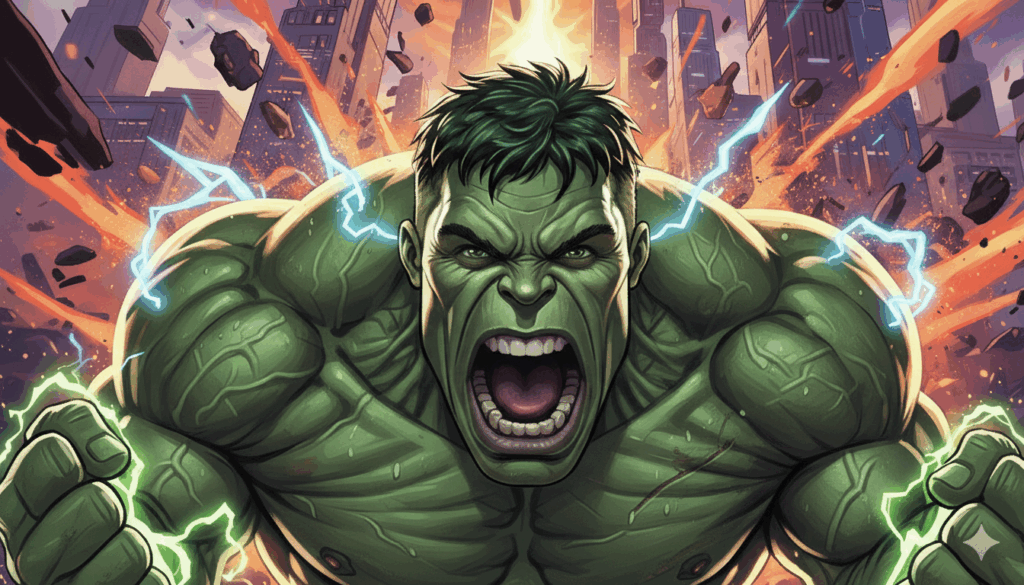 Comic-style image of the Hulk roaring and smashing through a city with glowing green energy.
