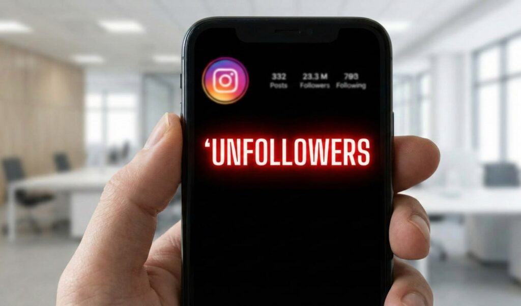 Instagram account visible on the phone with Unfollowers written in the middle
