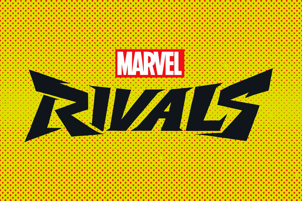 Marvel Rivals logo on a yellow comic book background with bold black lettering.