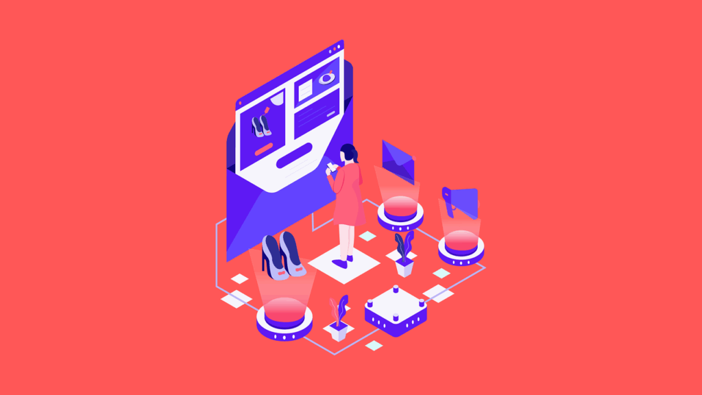 Illustration of a person using a large digital screen to browse shoes online, surrounded by icons and futuristic tech elements on a red background.