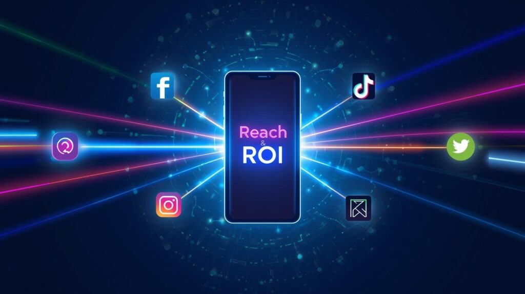 Digital marketing graphic showing a smartphone with “Reach & ROI” surrounded by social media icons like Facebook, Instagram, TikTok, and Twitter, representing cross-platform advertising performance.
