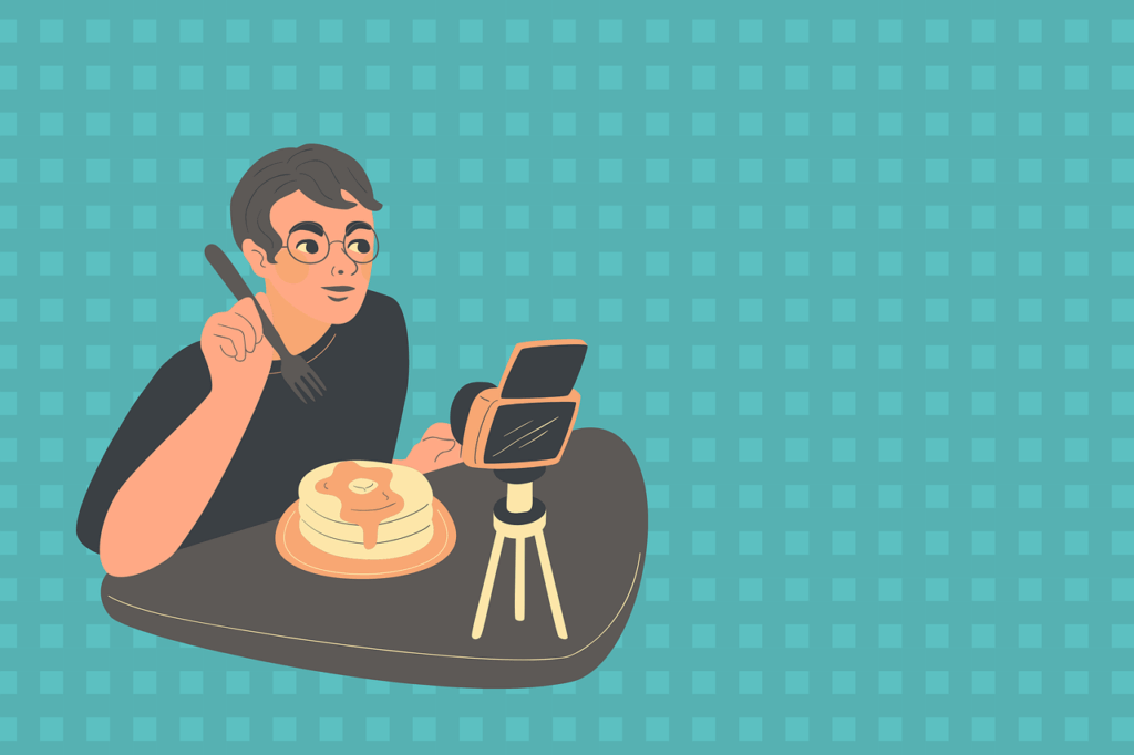Illustration of a content creator recording a food video with a smartphone and tripod while eating pancakes, on a teal checkered background.