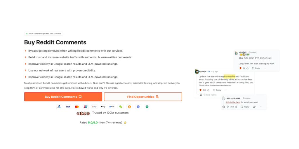Webpage offering a service to buy Reddit comments, showing features like improving visibility in Google search results, increasing website traffic, and building trust through authentic Reddit engagement.