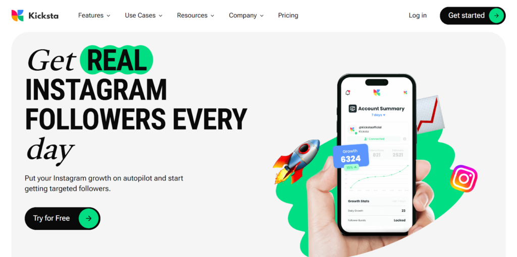 Kicksta page, says get real instagram followers every day