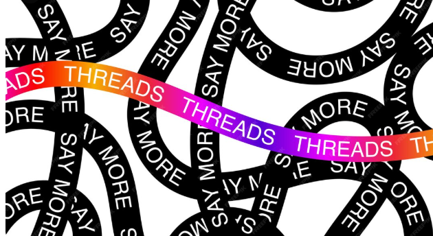 Abstract graphic featuring the Threads social media logo with colorful gradient ribbon and repeating text pattern, representing Threads platform, social media conversations, and modern digital communication networks.