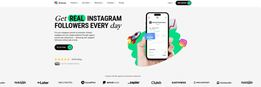 Screenshot of Safest instagram growth service - Kicksta