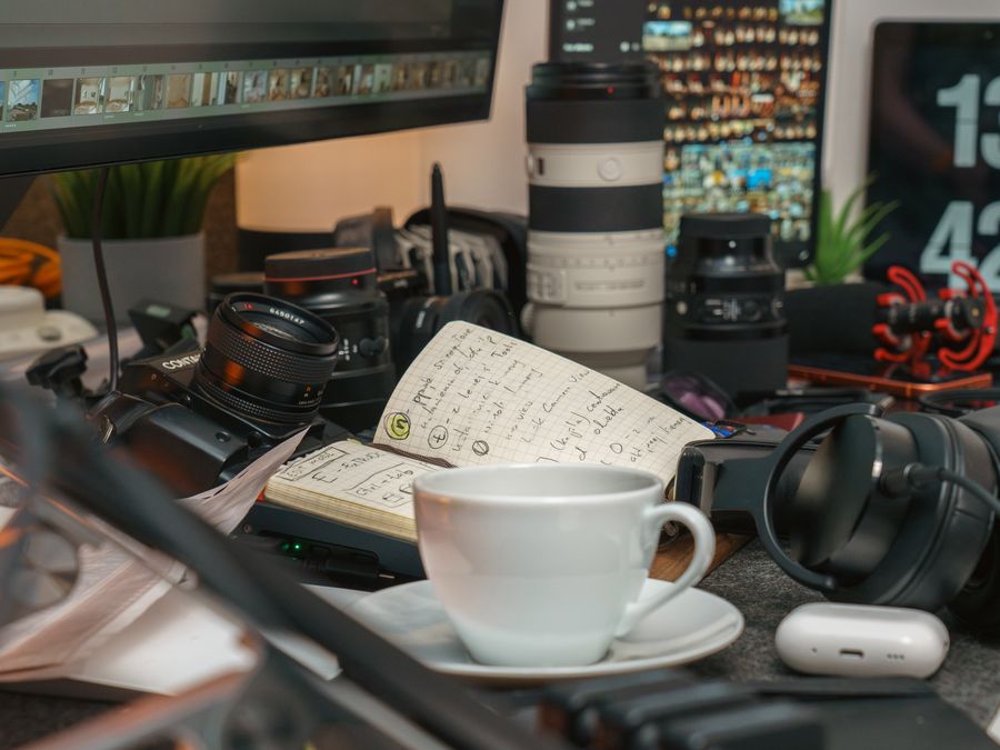 A cluttered desk filled with photography equipment, a notebook, and a coffee cup.
