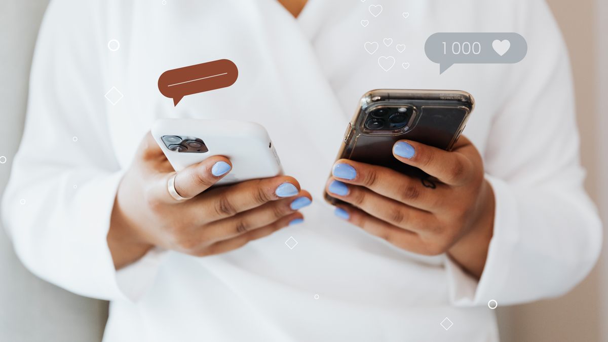 A woman in a white robe interacts with two smartphones, showcasing social media engagement icons.