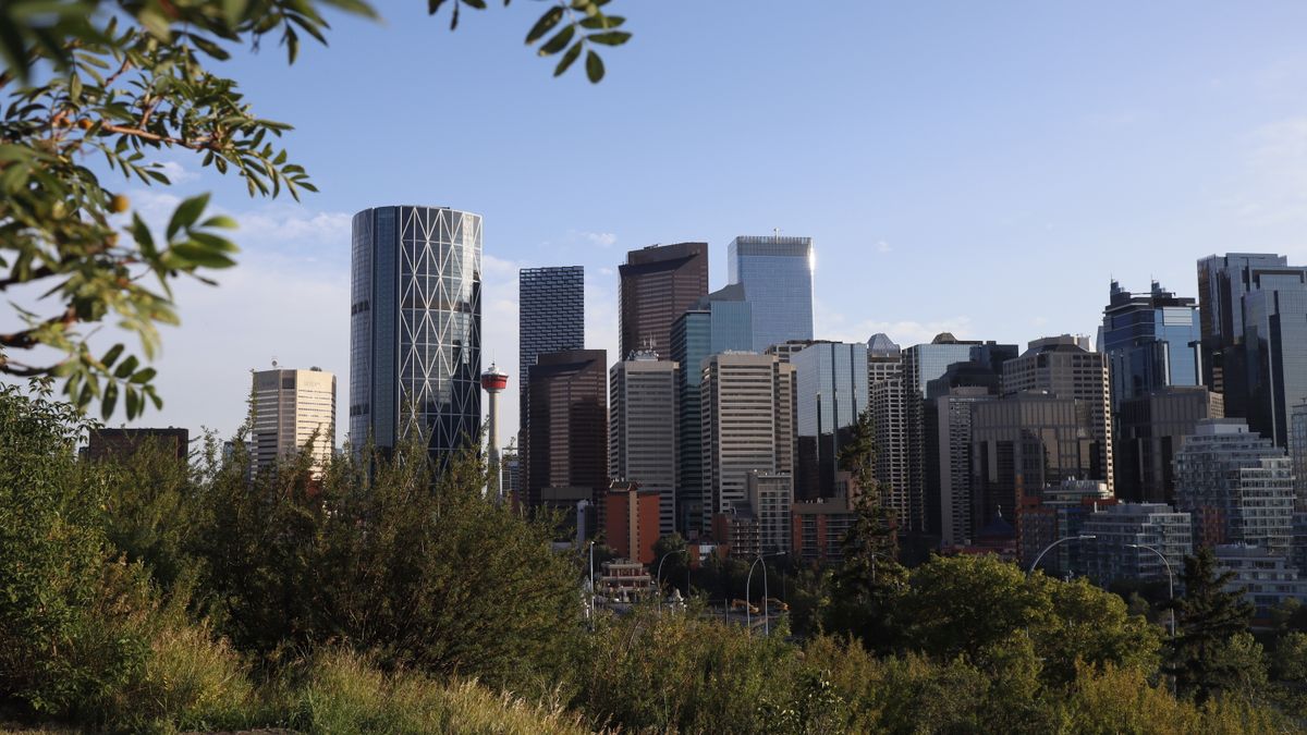 A vibrant view of Calgary's skyline with modern skyscrapers framed by greenery under a clear sky.