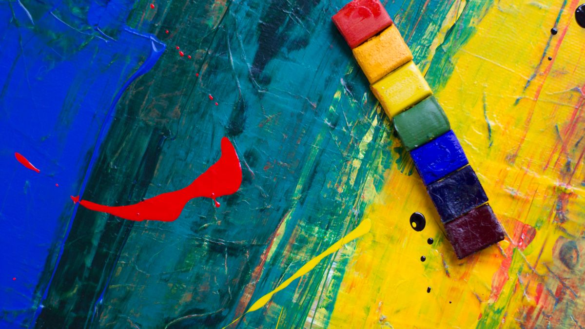 Colorful abstract painting with rainbow squares and dynamic textures for modern art enthusiasts.