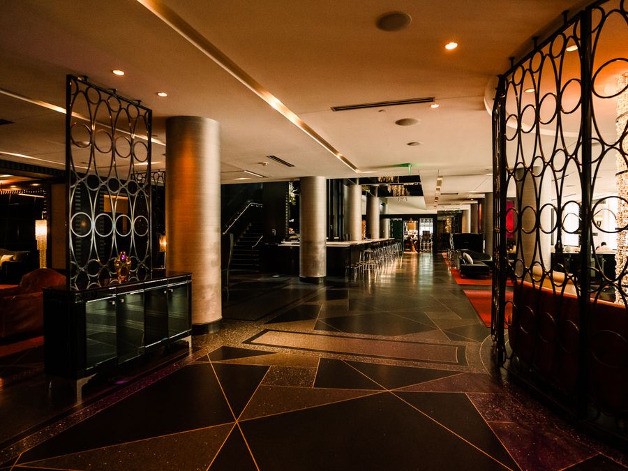 Elegant modern lobby interior with artistic design elements in a Minneapolis hotel.