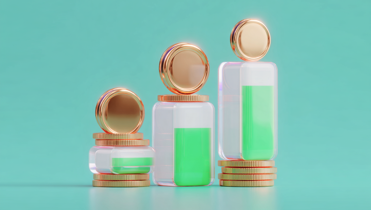 illustration of stacked transparent bars with green fill and gold coins