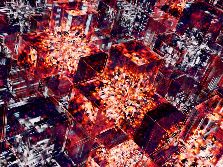 Abstract image featuring digital cubes with vibrant LED lighting effects, representing technology.