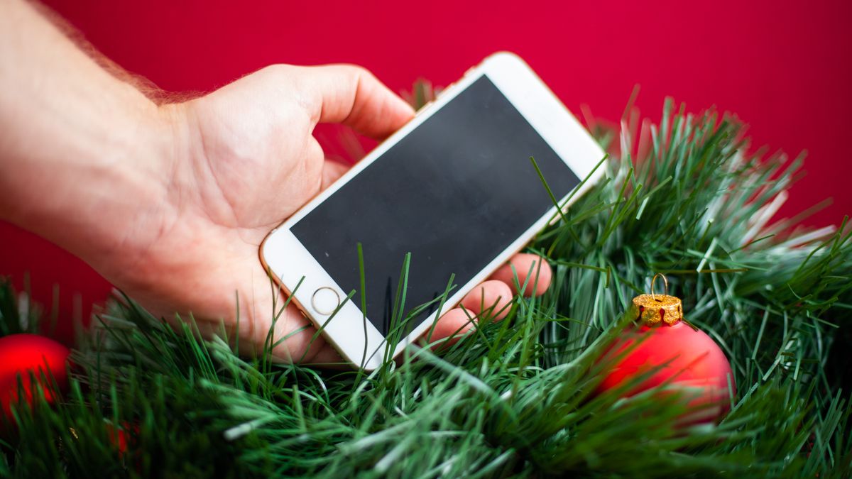 Hand holding a smartphone surrounded by Christmas decorations and pine leaves against a red background.
