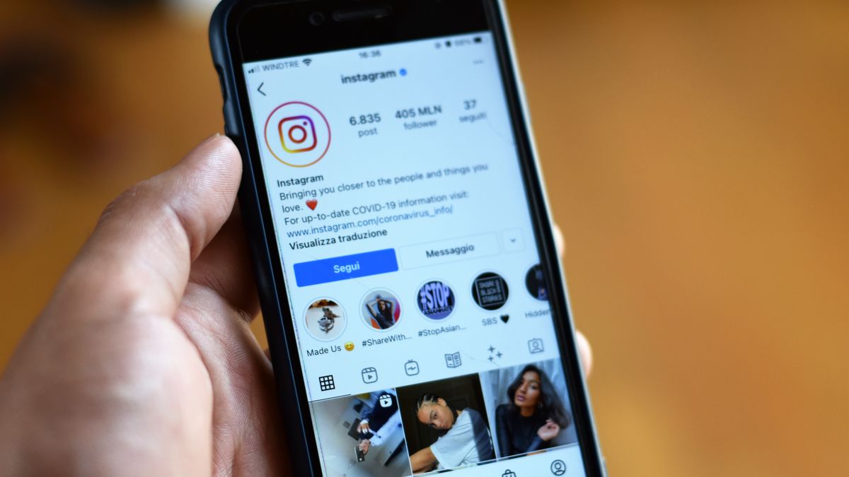 Close-up of a smartphone displaying an Instagram profile screen.