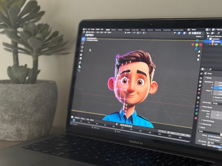 Laptop showing 3D animation in creative workspace with succulent plant.