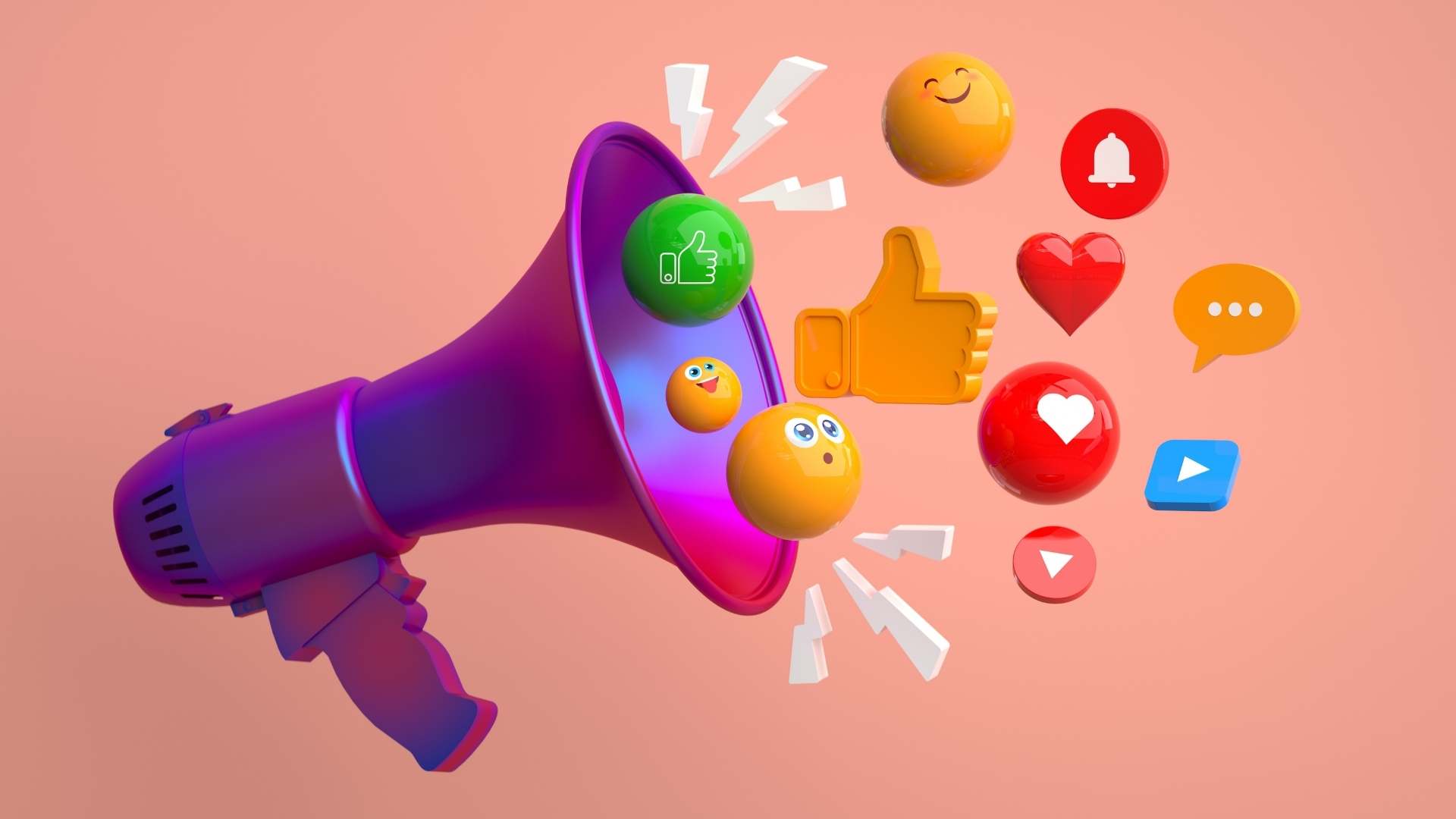 Megaphone with social media likes, comments, and reaction icons representing Instagram growth and engagement